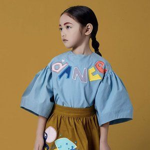 NWOT RASPBERRY PLUM BLUE SOPHIA BLOUSE TOP WITH DANCE EMBROIDERY, PUFF SLEEVES